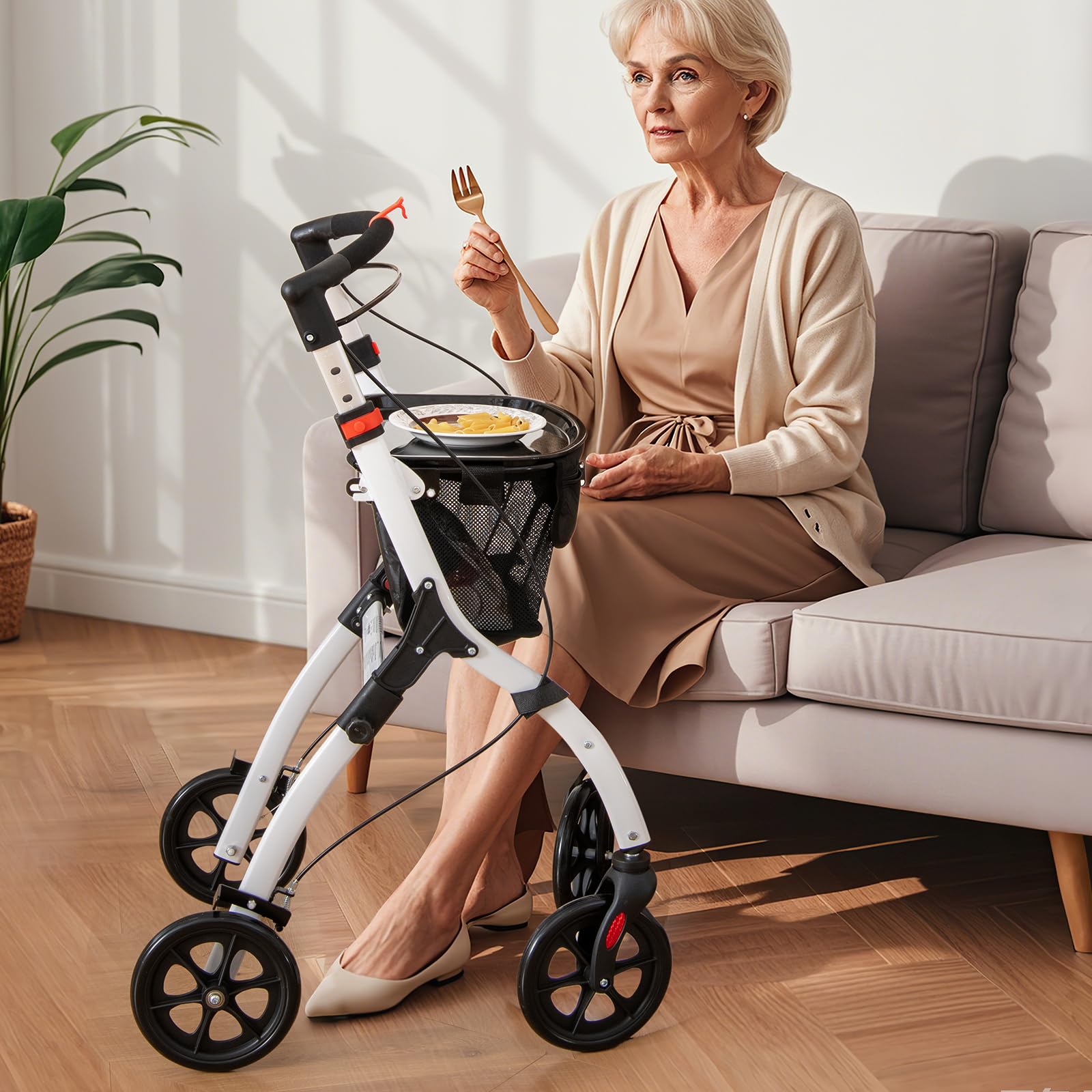COSTWAY Rollator Schmal für Wohnung, Indoor Wohnungsrollator, faltbar und leicht, inkl. Tablett, Korb, 4 Rädern & Bremsen, 5-Fach höhenverstellbar, Gehhilfe für Senioren Verletzte, Weiß+Schwarz