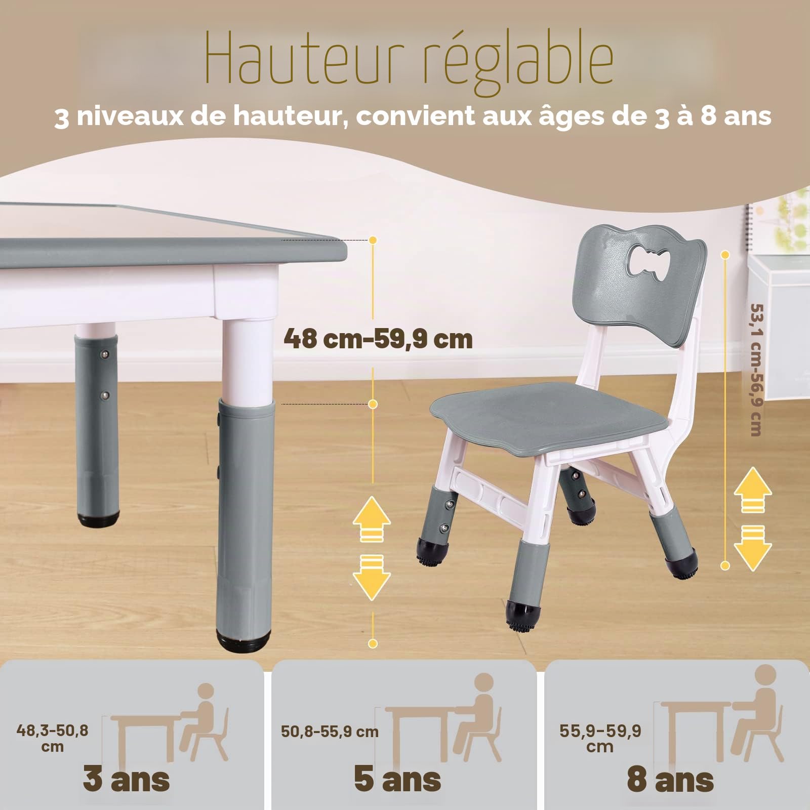 FUNLIO Table pour Enfant avec 2 Chaises, Table et Chaise Réglable en Hauteur pour Les 3 à 8 Ans pour la Maison, Dessin Enfant Facile à Nettoyer, Approuvé CPC et CE (3 Pièces)- Gris