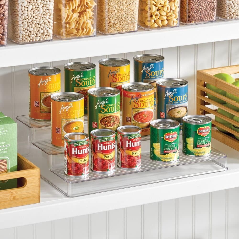 mDesign Plastic Kitchen Spice Bottle Rack Holder, Food Storage Organizer for Cabinet, Cupboard, Pantry, Shelf - Holds Spices, Mason Jars, Baking Supplies, Canned Food - 3 Level Storage - Clear