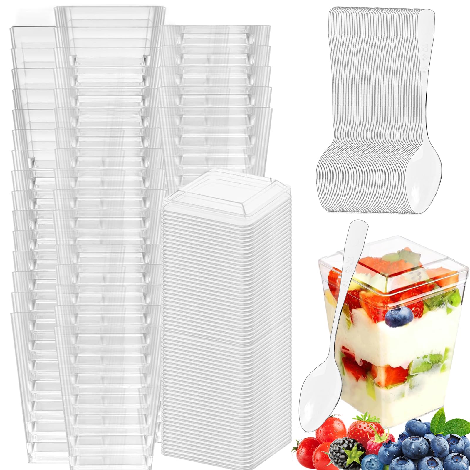 Tazze Dessert Plastica 50 Tazze Da Dessert, 160 Ml, In Plastica Con Coperchio, Cucchiai E Adesivi, Mini Tazza Trasparente, Riutilizzabile, Feste Di Compleanno Tazze Riutilizzabili Per Matrimoni