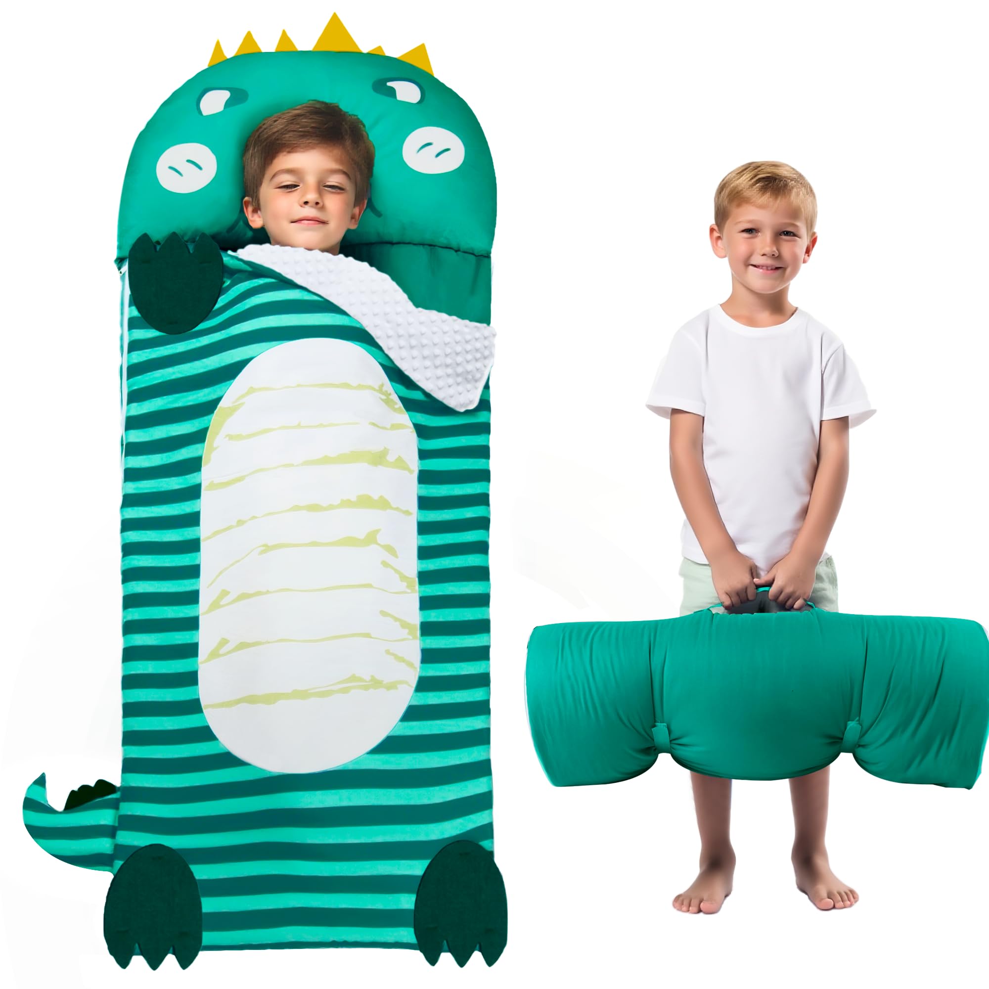 Lydaz Kids Sleeping Bag with Removable Pillow Extra Large 70x30 Toddler Dinosaur Nap Mat Plush Slumber Bag for