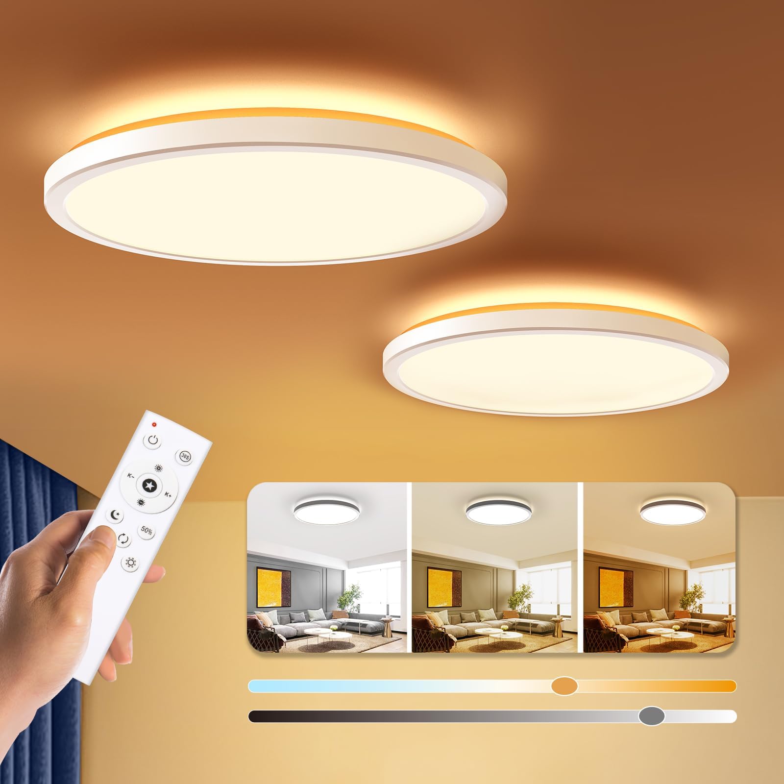 BLNAN Dimmable LED Flush Mount Ceiling Light Fixture with Remote Control, 12Inch 24W 3000K-6500K Light Color Adjustable, Modern Ultra Thin Wired Lamp for Bedroom Kitchen, White, 2 Pack
