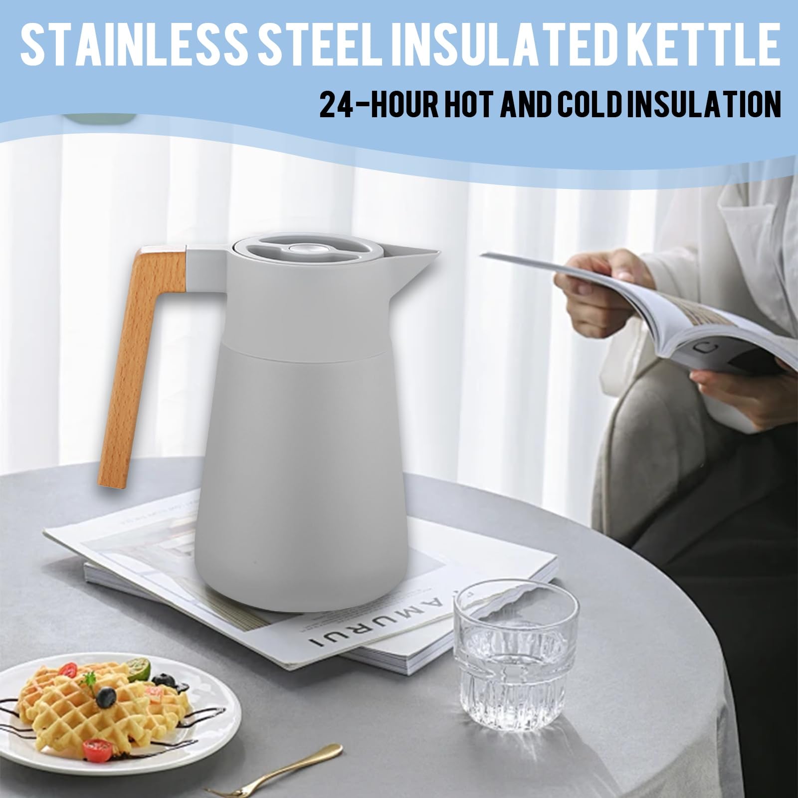 Thermoskanne Kaffeekannen Edelstahl 18/10, Vakuum Isolations, Grosse Kapazität, Mit Holzgriff, Thermosflasche Für Heißen Und Kalten Tee Kaffee, Isolierkanne, Für Home Office Hotel (Grau,1.5L)