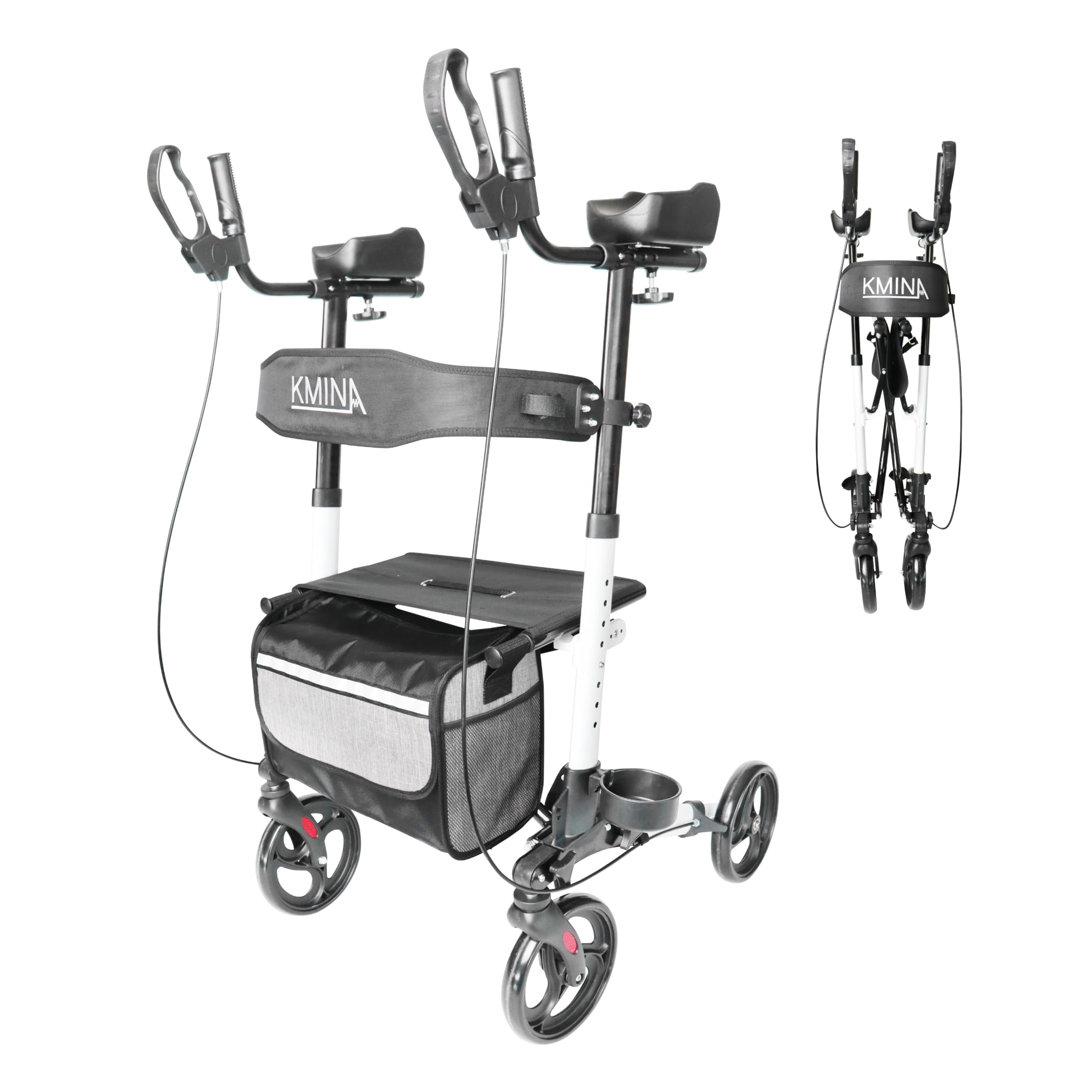 KMINA Andador para Ancianos Plegable con Asiento y Respaldo, Apoyabrazos Acolchados, 4 Ruedas, Frenos de Maneta, Aluminio