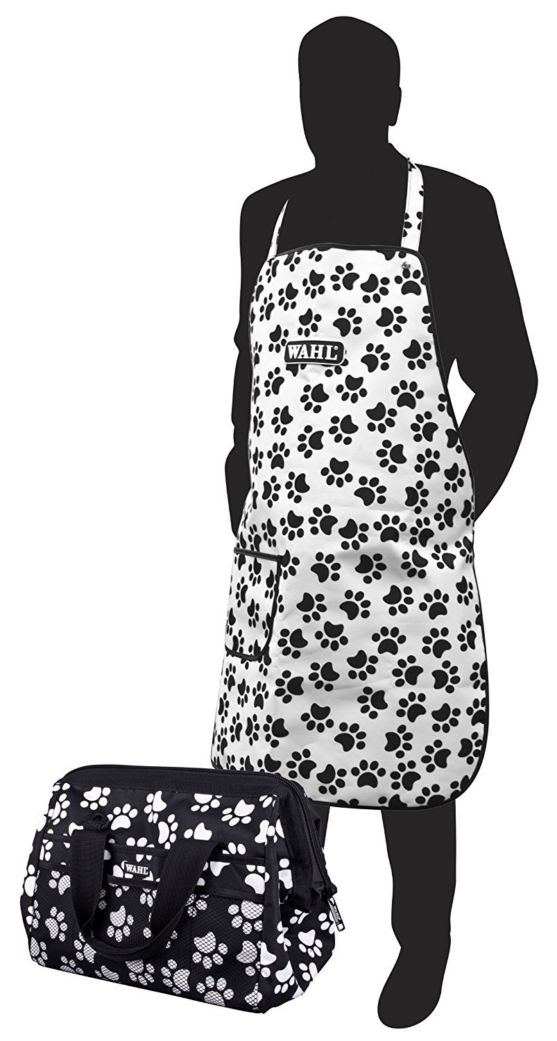 Wahl Dog Grooming Kit Bag and Apron Set, Waterproof Grooming Set, Professional Groom Kit for Storing Tools, Shoulder Organizer Bag, Groomers Aprons, Heavy Duty, Paw Print Design