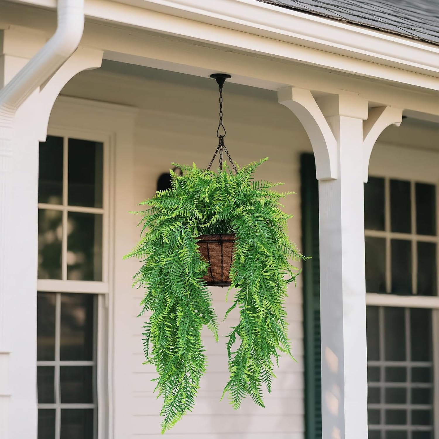 Artificial Hanging Ferns Plants Topiary for Outdoor Decoration,Fake Boston Fern Potted Plants Faux Greenery Bush UV Resistant for Front Porch Door Garden Farmhouse Home Decor (Green)
