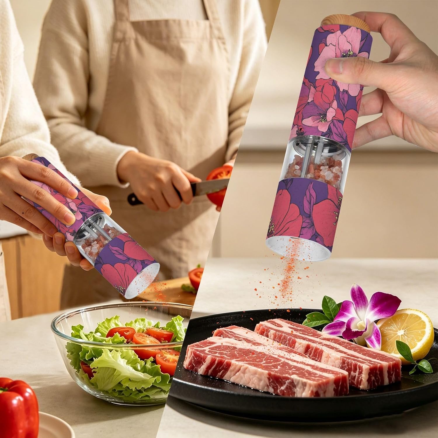 ALAZA Electric Pepper Grinder with Adjustable Coarseness, Purple Flowers Pattern Red Battery Automatic Salt and Pepper Mill with Led, One-Handed Operation Spice Grinder for Kitchen, Camping & BBQ