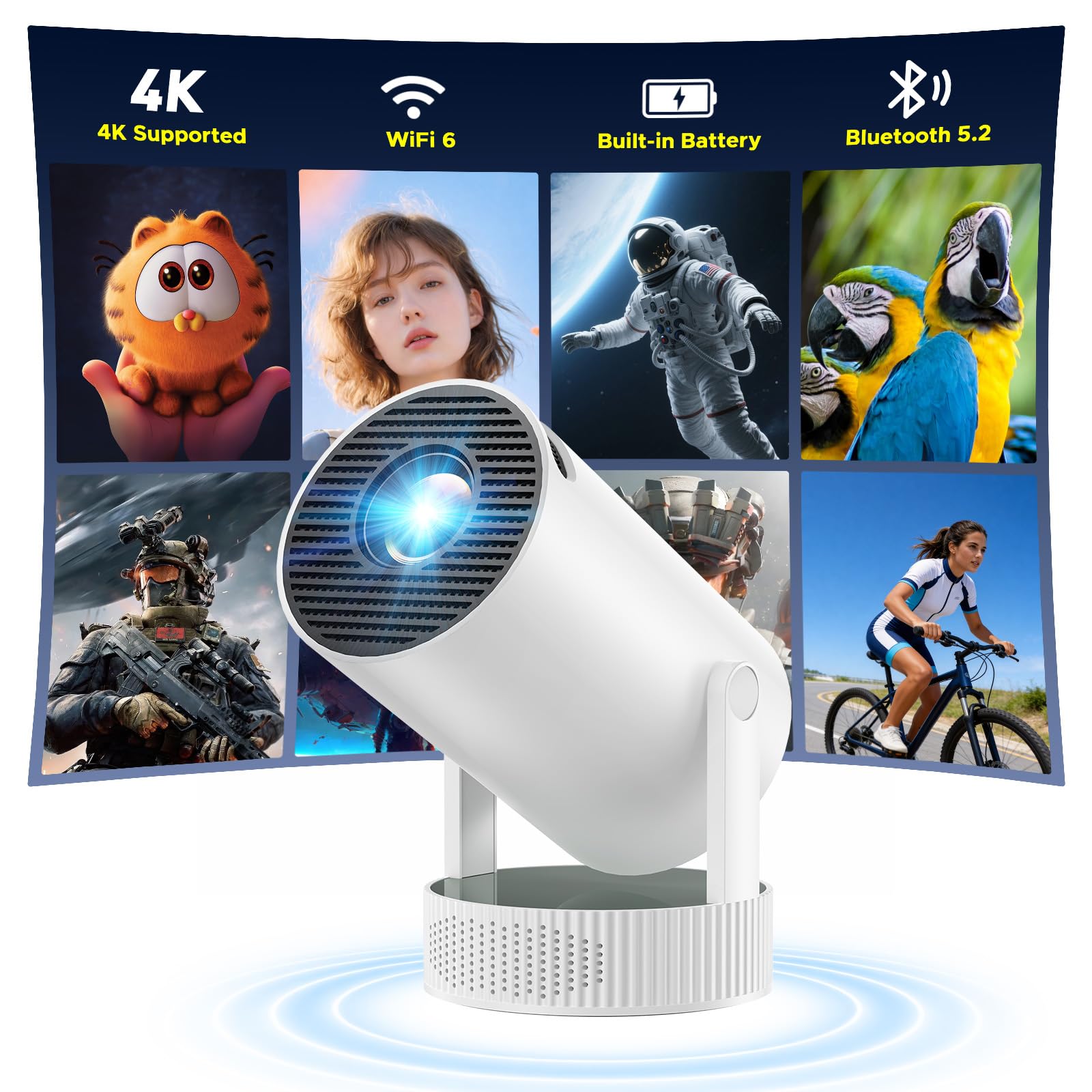 Mini Projector with WiFi and Bluetooth, Built-in Rechargeable Battery, 4K Support Wireless Outdoor Movie Projector, Auto Keystone, 220° Rotation,