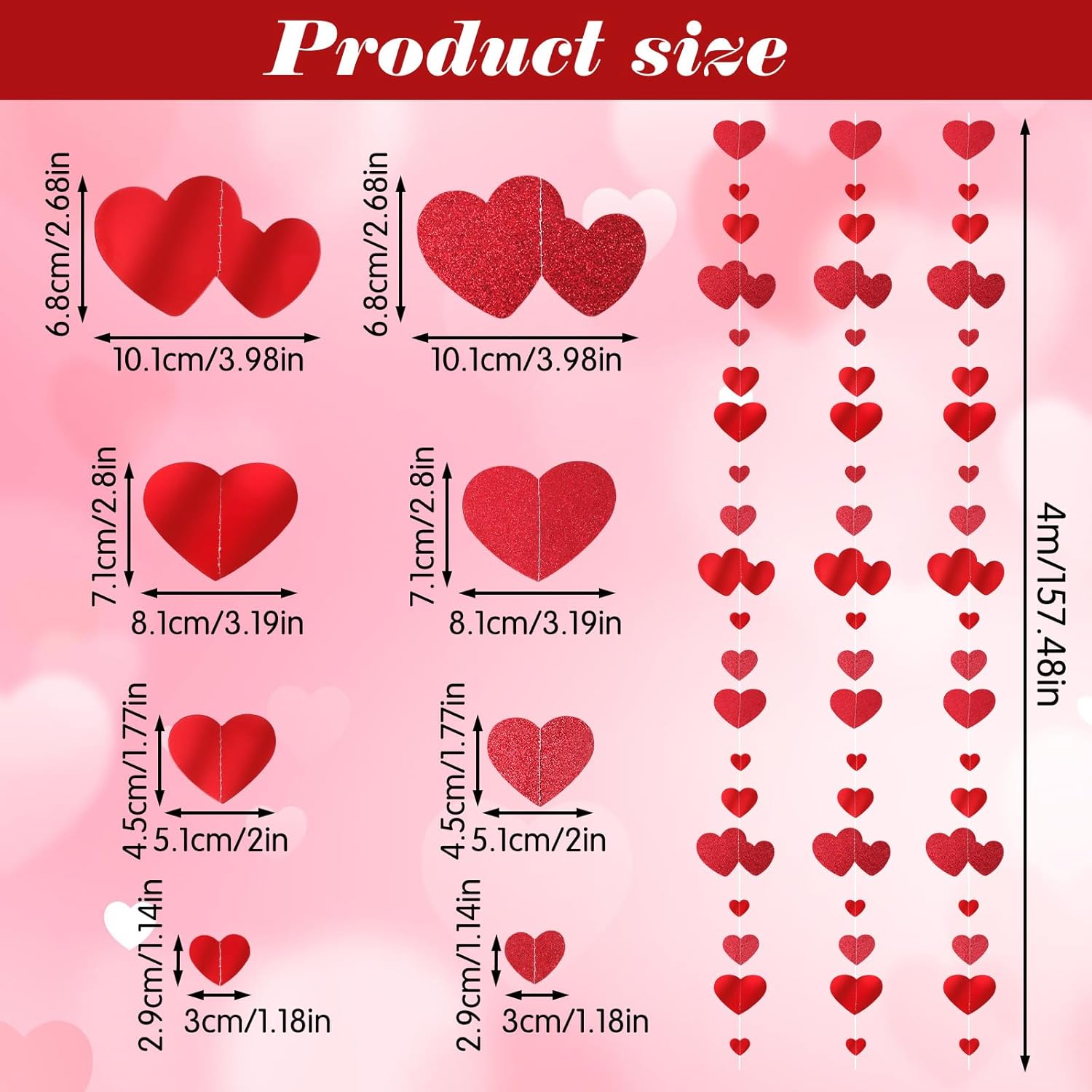 Valentine's Day Decorations Red Heart Garland, Red Heart Hanging Glitter Streamer Bunting Banner, Party Decorations Garland, For Anniversary, Valentines Day, Engagement Wedding Bridal, Shower, 40 Feet - Image 4