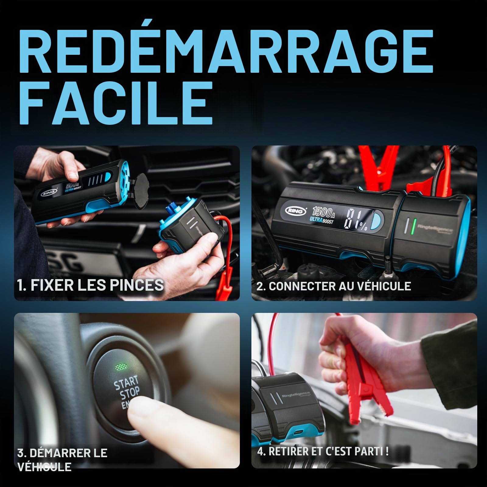 RING Ultraboost Démarreur de Batterie de Voiture 500 A – Démarre en Toute sécurité jusqu'à 3 litres d'essence et Moteurs Diesel de 1,5 Litre – Booster de Batterie avec câbles de démarrage, Batterie