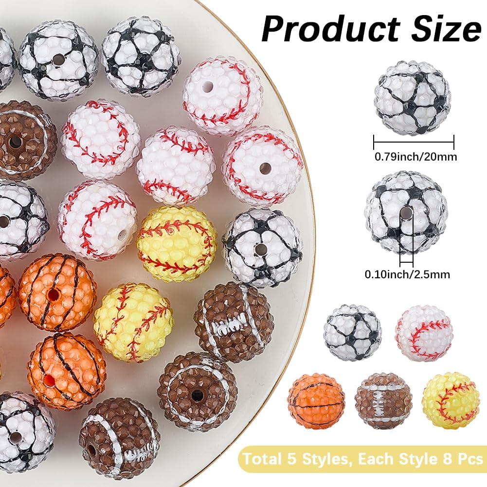 20MM 40Pcs Sports Theme Acrylic Beads Rhinestone Disco Assorted Ball Baseball Basketball Football Resin Bead for Jewelry Making Earrings Bracelets Necklaces Pen Adult DIY Crafts Supplies - Image 2