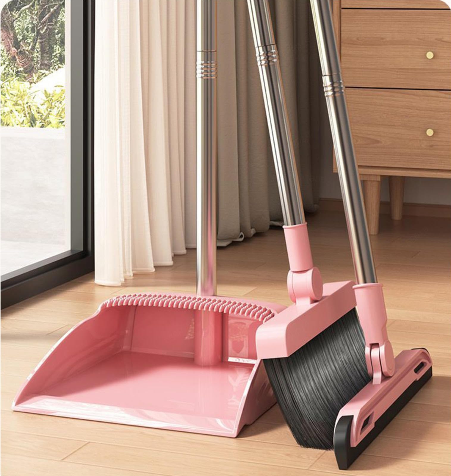 NIBHZ Set Combinato Scopa Rosa con Paletta Stand Up Set Scopa e Paletta Piccolo Regalo per Fidanzata Mamma Donne