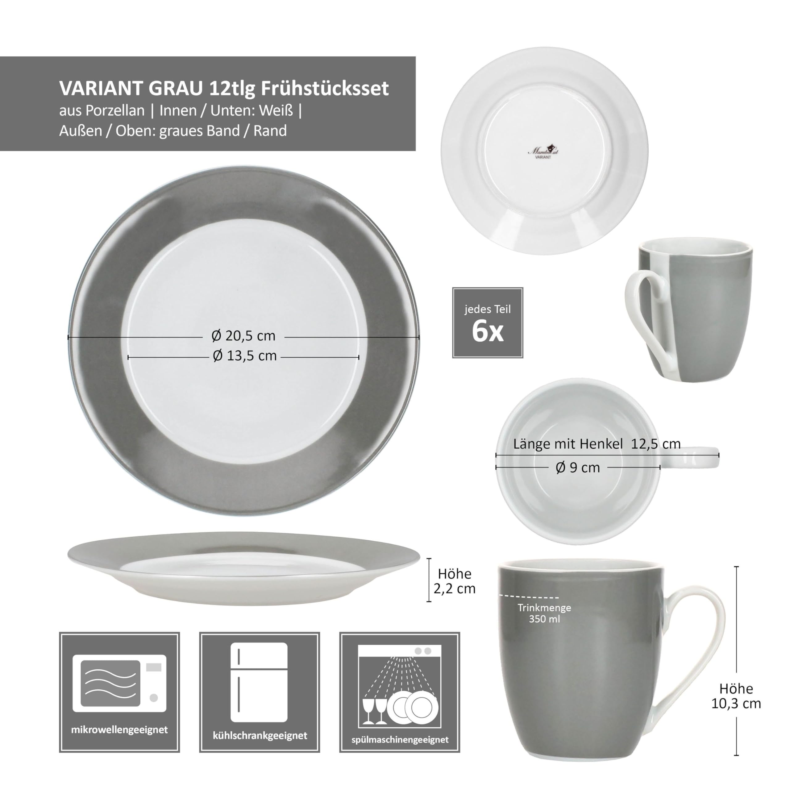MamboCat Variant Grau 12tlg Frühstücksset I Je 6X kleine Teller & Kaffeebecher 350ml, Höhe 10,3cm für 6 Personen I Tasse, Kuchenteller I Porzellan-Geschirr für Frühstücks- & Kaffeezeit