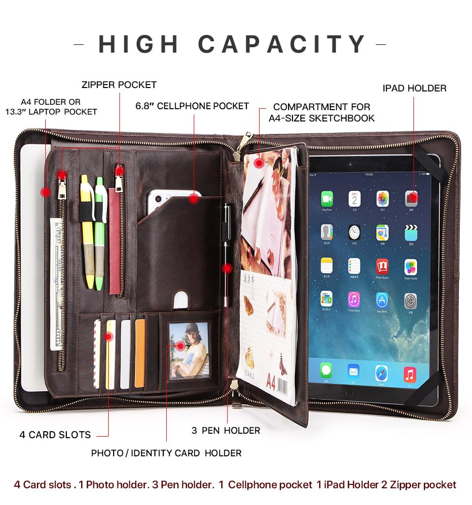 CONTACT'S FAMILY Portfolio-Mappe mit Reißverschluss, Vintage-Leder-Padfolio-Hülle für 12,9-Zoll-Tablet, professionelle Konferenzmappe, persönlicher Arbeits-Organizer, Geschäftsreise-Dokumentenhalter