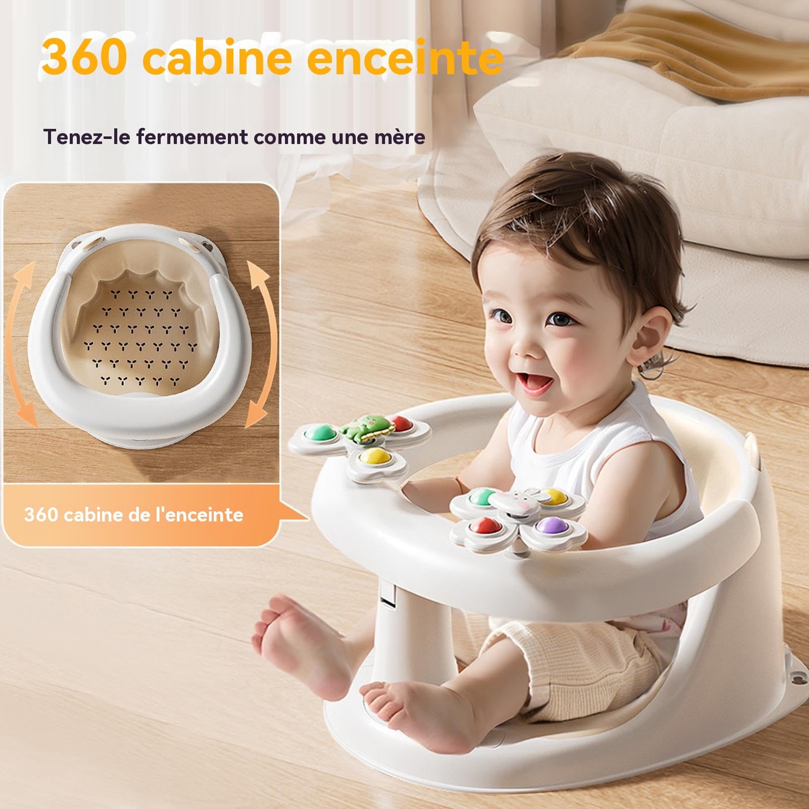 Siège de Bain Antidérapant pour Bébé (6 Mois et Plus), Avec Rotatifs, Enveloppant, Ajustement Parfait, Matériau Écologique et Inodore, pour Jeux Dans la Salle de Bain, la Piscine