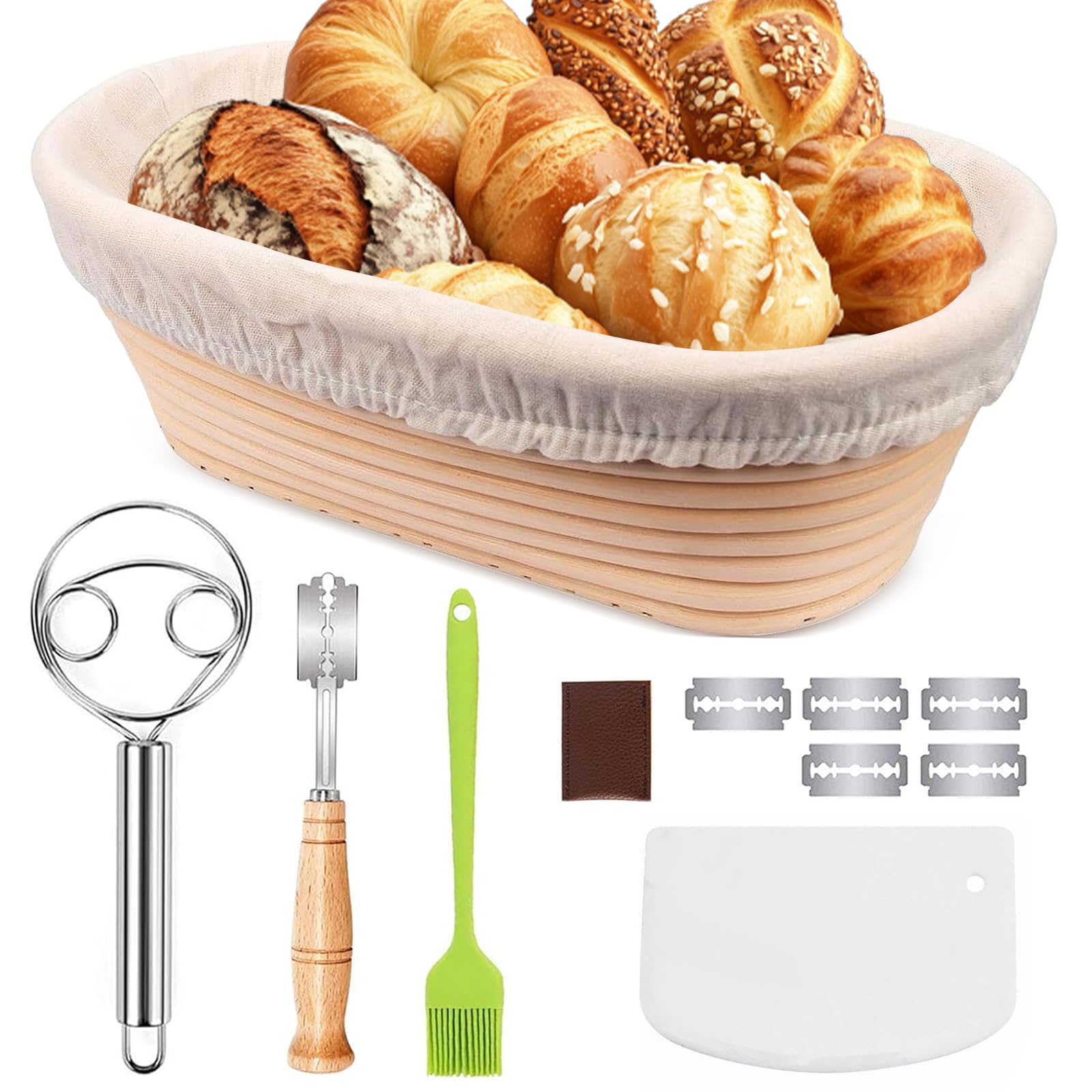 Banneton Bread Proofing Basket, Bread Proofing Basket Set, 10 inch Oval Banneton Bowl with Dough Whisk Linen Liner Cloth Dough Scraper Silicone Brush Bread Lame & Blades for Home Bakers(10-Piece Set)