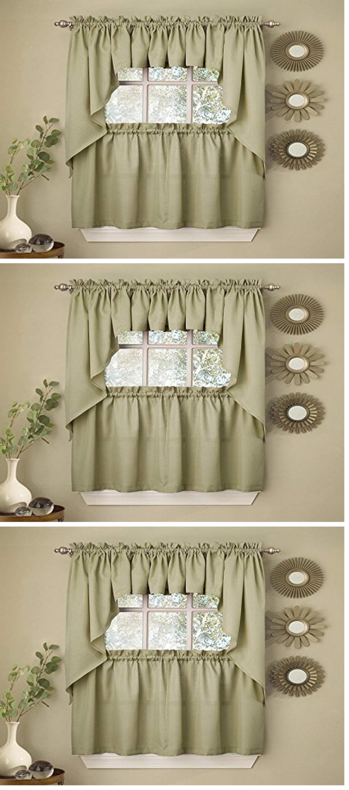 Sweet Home Collection Opaque Rib Cord Kitchen Curtains Swag Pair, Ribcord Sage (Pack of 3)