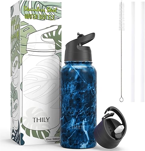 Miniatura 5 de THILY Botella de agua aislada de acero inoxidable, triple aislamiento, 32 onzas, a prueba de fugas, botella de agua de boca ancha con popote y tapas