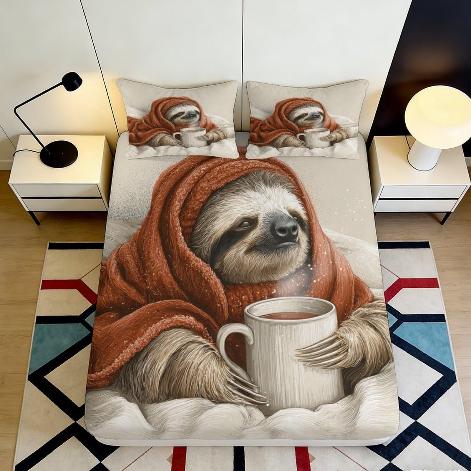 3D Printed Sloth with Mug Fitted Sheet Microfiber Soft Warm Blanket Mattress Cover Bedroom Decor Gift 120x200cm 140x200x25cm