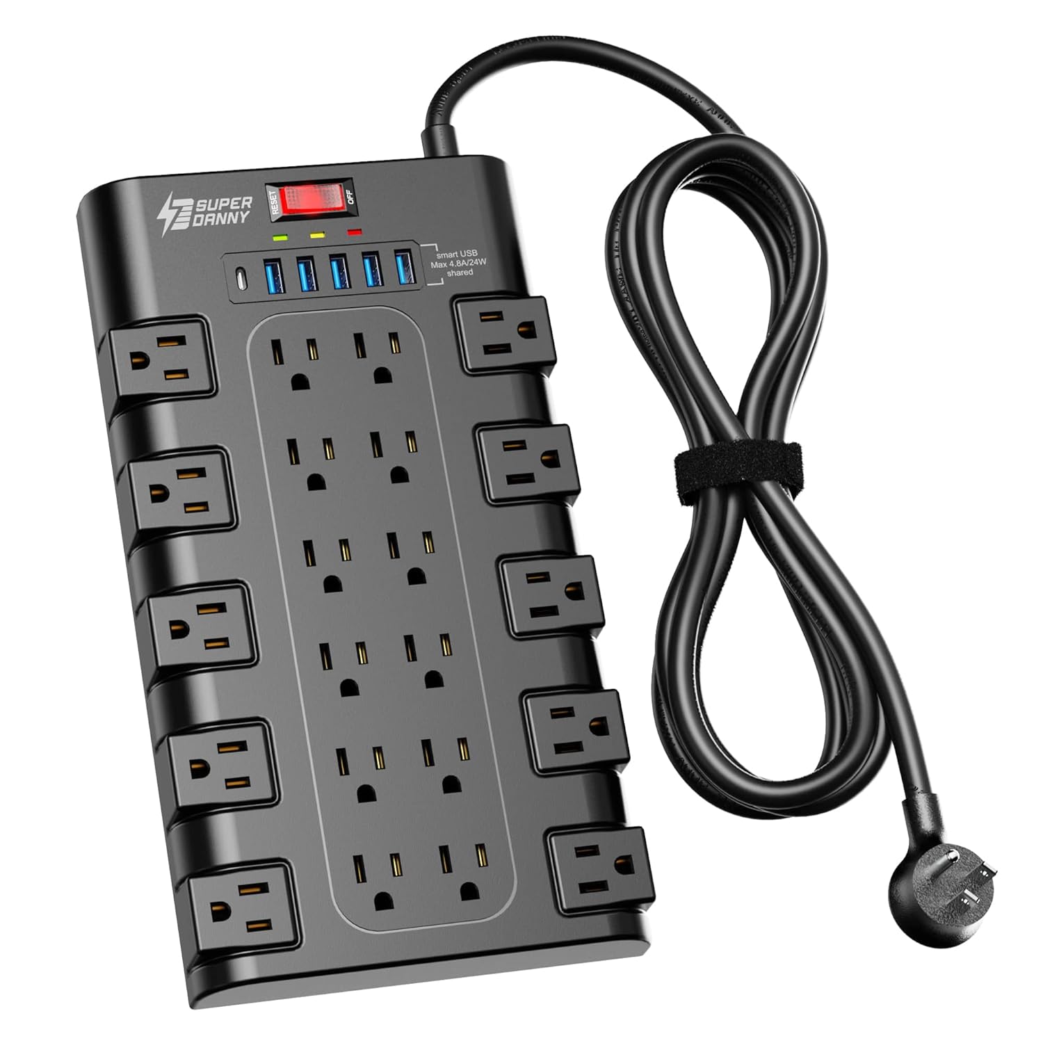 Power Strip SUPERDANNY Surge Protector with 22 AC Outlets and 6 USB Charging Ports 1875W 15A 2100 Joules