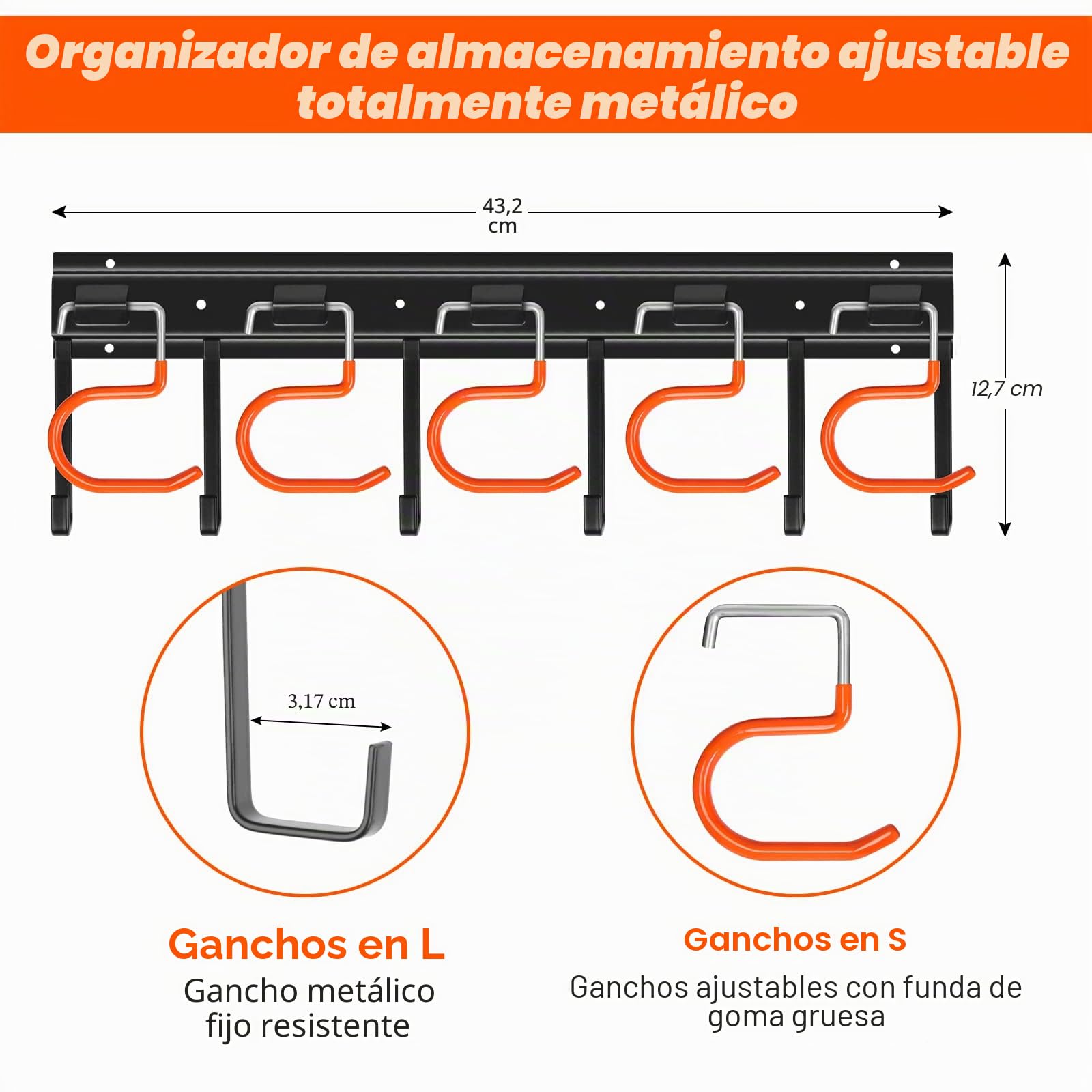 TVKB Organizador de herramientas de jardín de metal de 68 pulgadas, organizador de herramientas de garaje ajustable para montaje en pared, organizadores de garaje y almacenamiento con ganchos