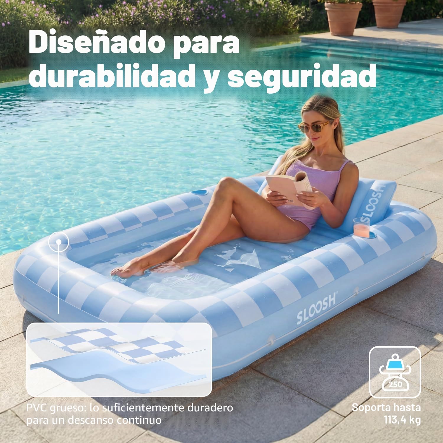 SLOOSH Flotador inflable para alberca bronceadora, 70 x 46 pulgadas, flotadores de piscina para adultos con almohada, flotador 4 en 1, balsa de bronceado, cama para tomar el sol para tomar el sol para