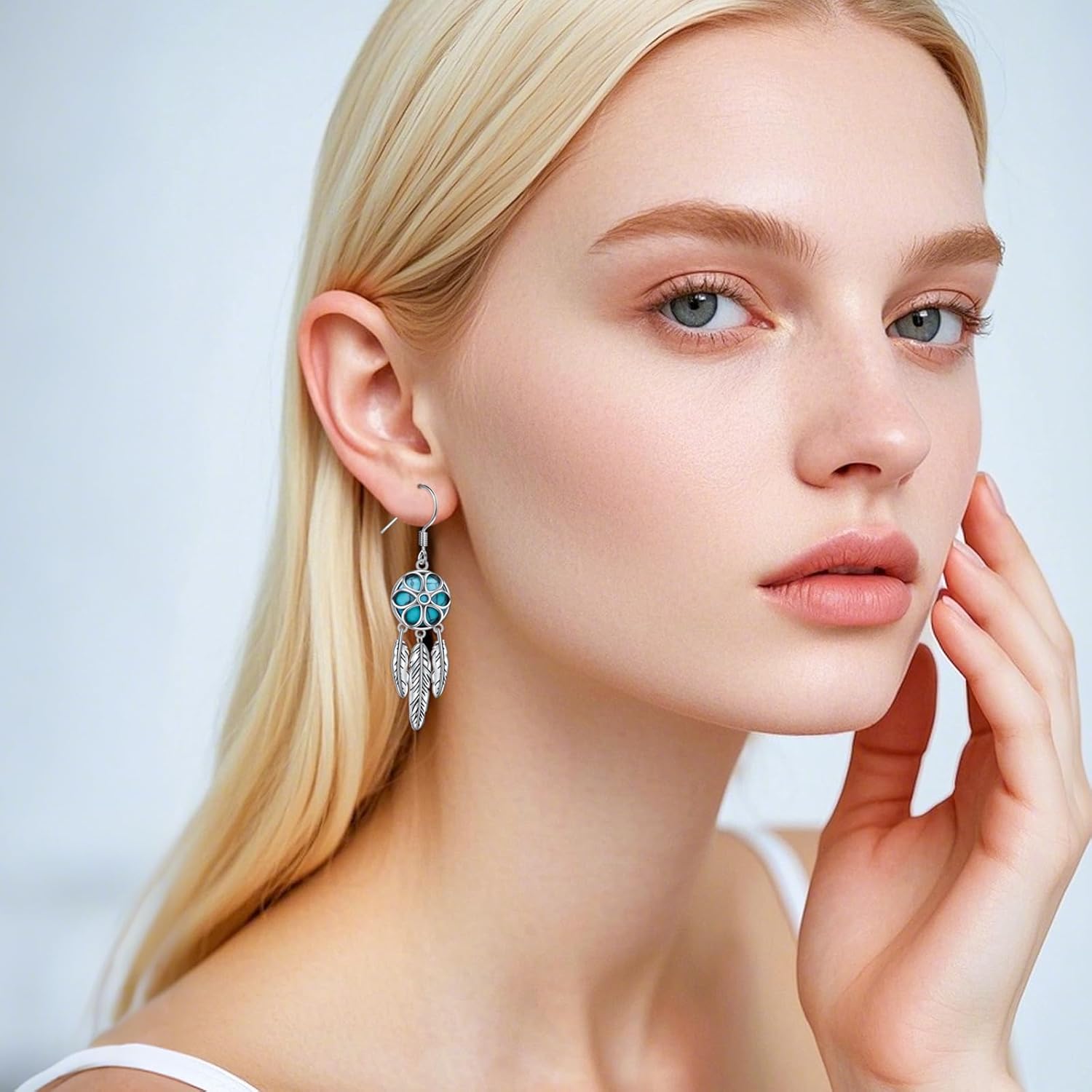 Feather Dangle Earrings for Women 925 Sterling Silver Turquoise Drop Earrings with Feather Vintage Leaf Hook Earring Western Jewelry - Image 2