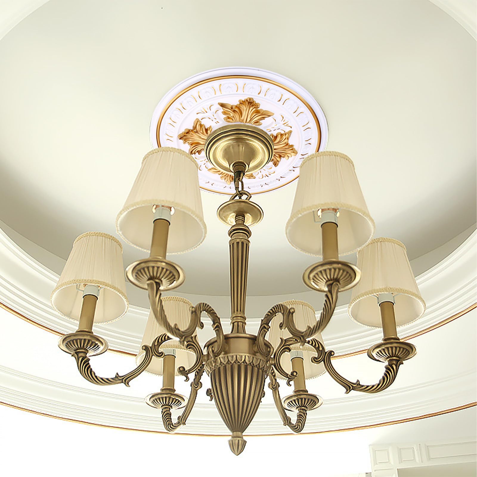 Primst PU Decorative Ceiling Medallion for Light Fixtures and Ceiling Fans, Molded Plastic, Gold and White Finish, (B-15.6"OD x 4.3"ID) — Amazon image 4