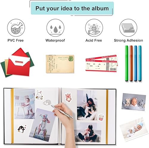 Miniatura 3 de Álbum de fotos autoadhesivas, grandes álbumes de fotos autoadhesivos con cubierta de lino estampado de lámina dorada, capacidad para fotos de 3 x 5,