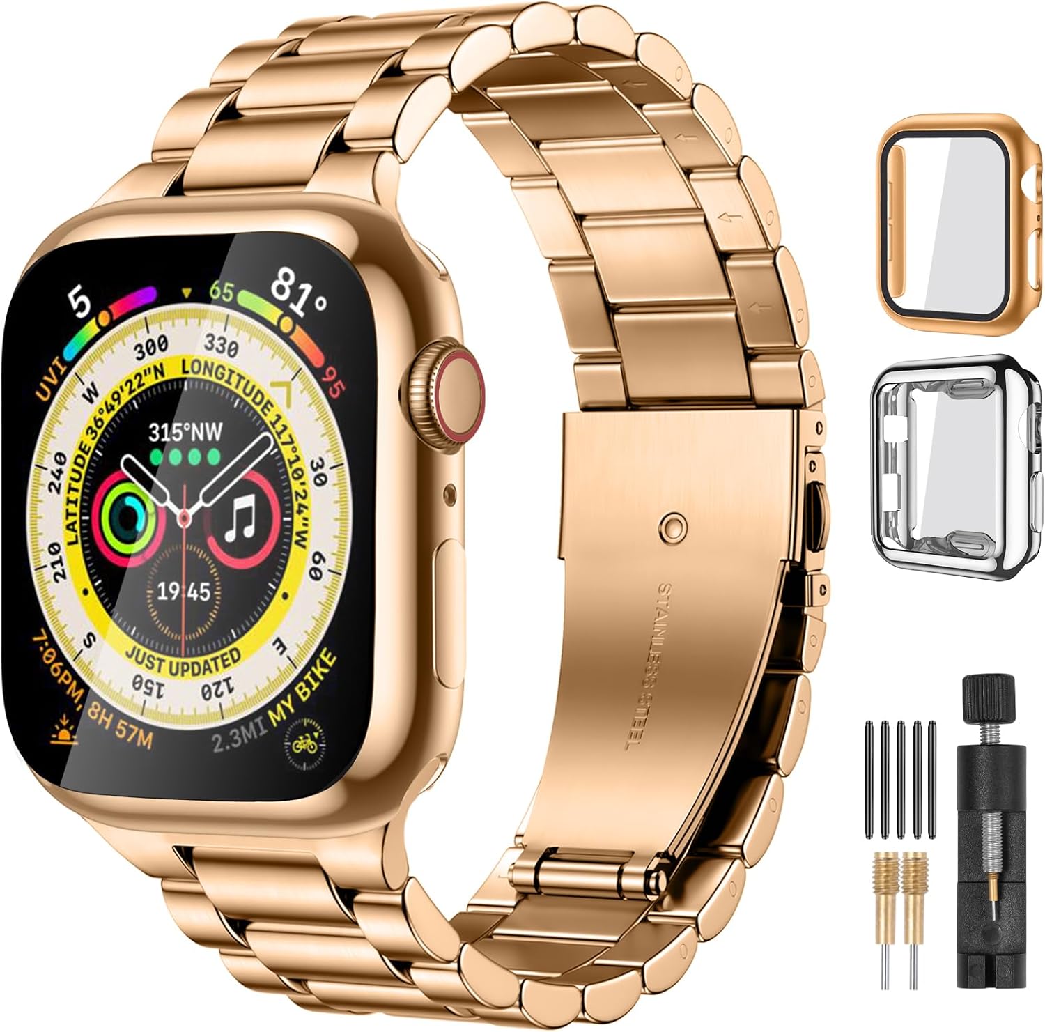 Lerobo Compatible with Apple Watch Band 44mm 42mm 40mm 38mm 41mm 45mm 46m 49mm, Solid Stainless Steel Metal Band with 2 Pack Protective Cover Case for iWtach Series 11 10 9 8 7 6 5 4 3 SE Ultra Men Women