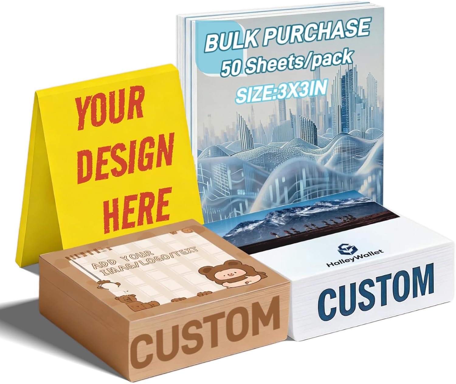 Custom 3x3 Inch Sticky Notes – Personalized Bulk Notepads 5-500 Pack, 50 Sheets/Pad, Text or Logo for Office, School, Business Marketing (30)