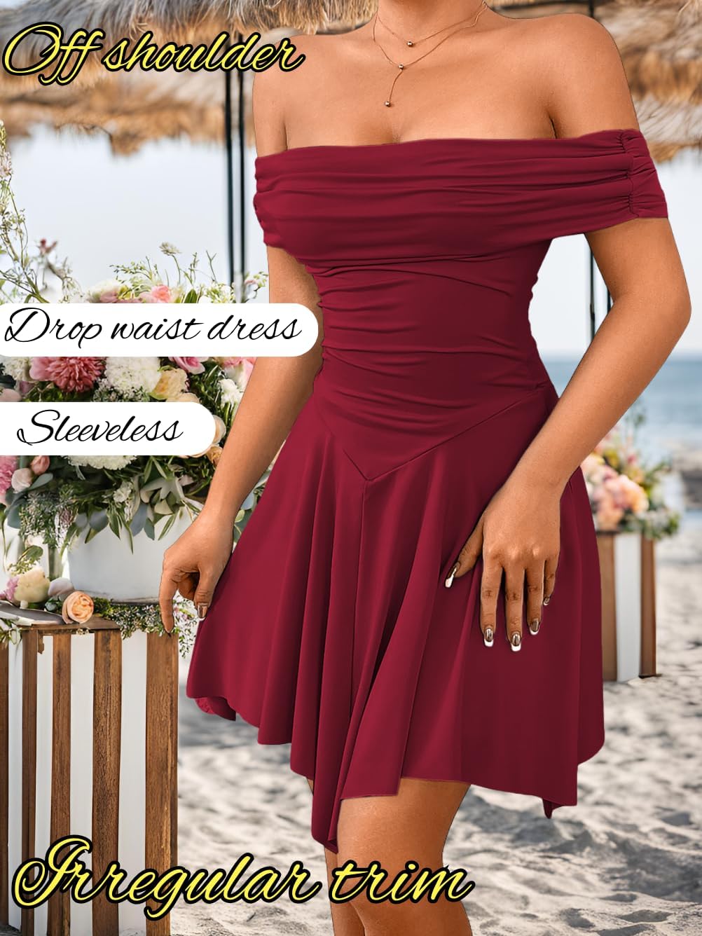 Women's Off Shoulder Ruched Mini Dress, Drop Waist Semi Formal Dresses for Graduation Cocktail Homecoming Party - Image 4