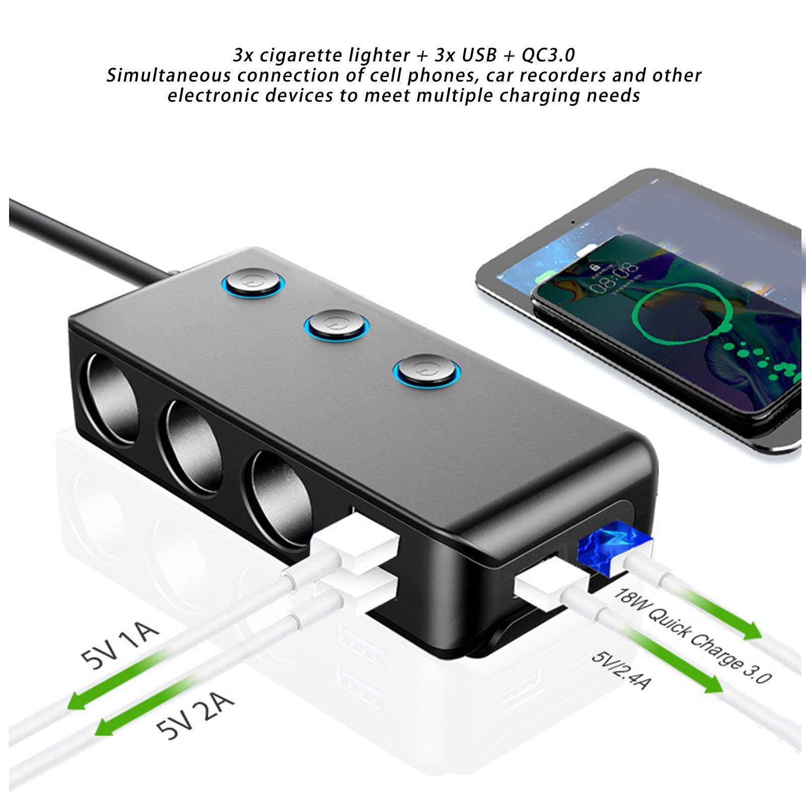 Cryfokt Splitter Presa Accendisigari Multifunzione 3 USB Ricarica Ad Alta velocità per Auto SUV Camion Fusibile 10A