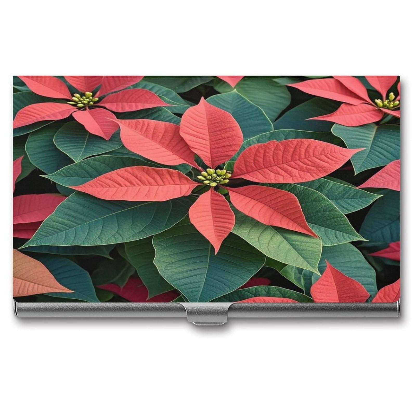 FekiLoot Poinsettia Business Card Holder for Men & Women Professional Stainless Steel Business Card Case Large Capacity Slim Purse Name Cards Holders Buckle Style Shut