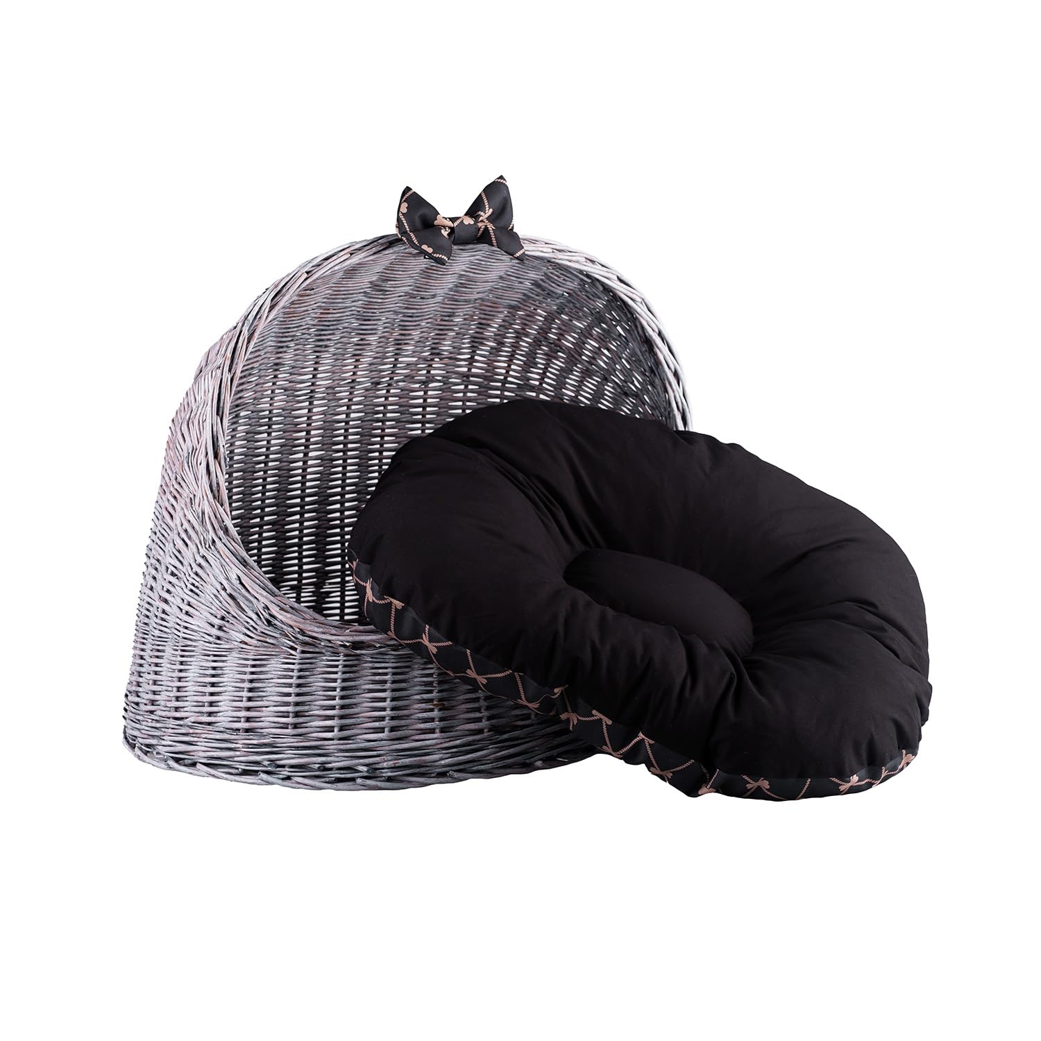 Cuccia per animali in salice, ovale, cuccia per gatti in vimini, cestino per il gatto per il cane, cestino per animali (grigio-nero, 60 x 46 H48)