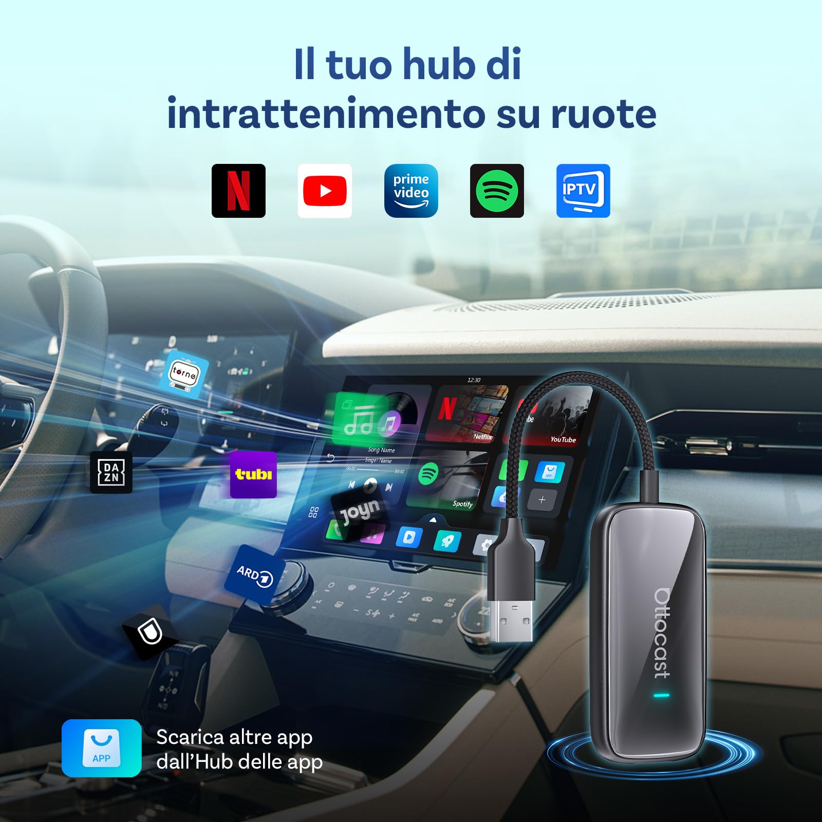 OTTOCAST Play2Video Ultra, 2026 Adattatore Wireless CarPlay & Android Auto con Netflix/YouTube/IPTV/Prime Video integrati, Box AI di Android 12.0 per veicoli con CarPlay cablato di fabbrica