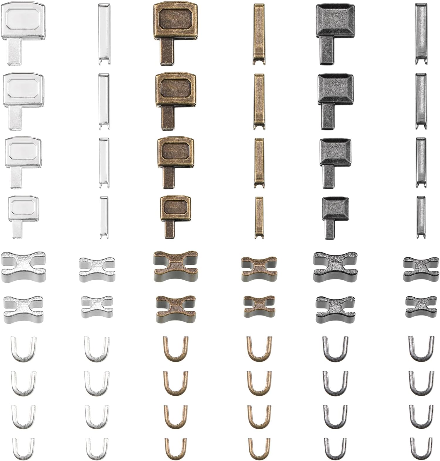 WILLBOND 60 Pieces Metal Zipper Insertion Pin 4 Sizes Zipper Repair Kit Latch Slider Retainer for Jackets Coats 3 Colors DIY Sewing Replacement, Size of 3/5/8/10