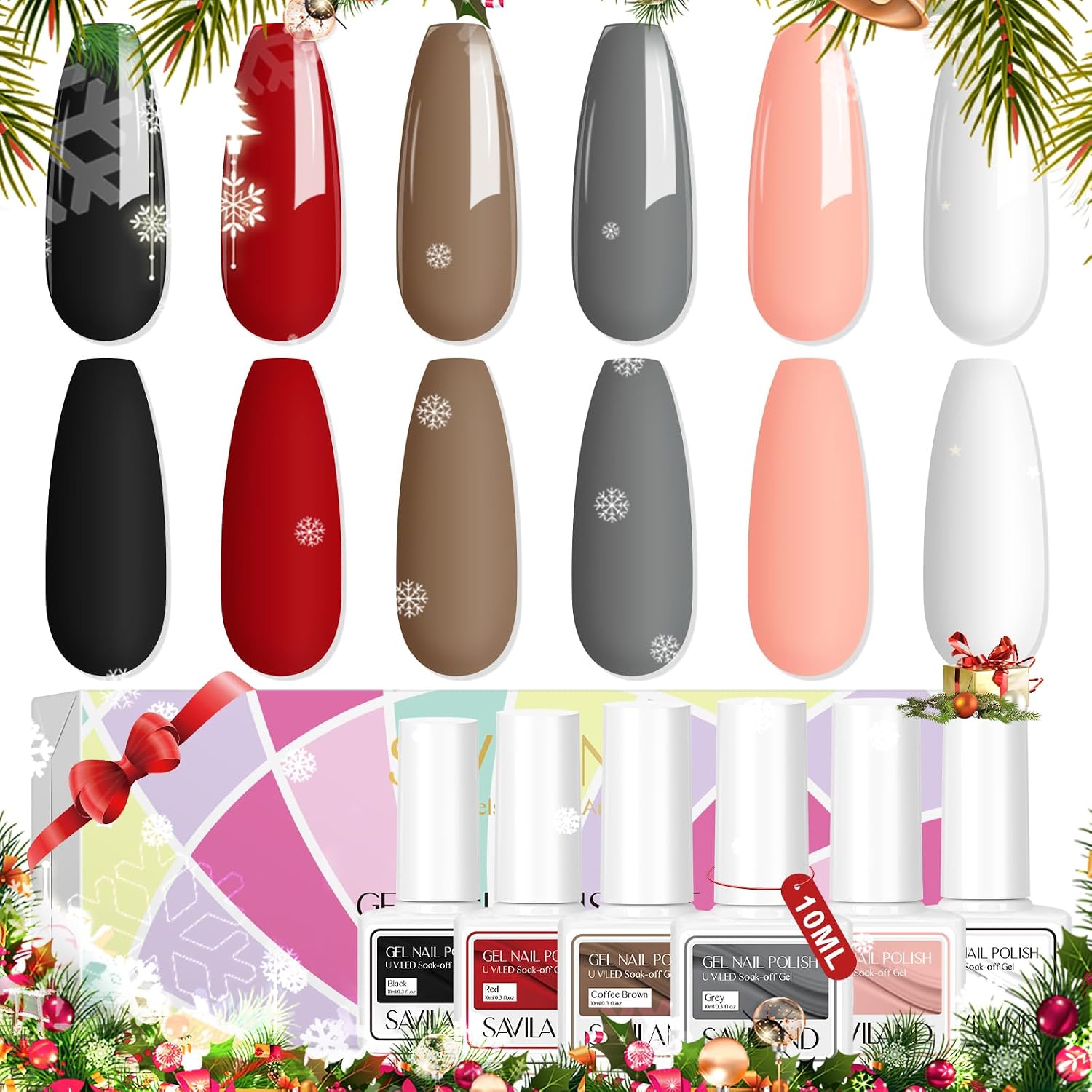 SAVILAND Gel Polish Set - 6 Colors 10ML Gel Nail Polish Christmas Red Black Gray Soak-off U V LED Nail Art Gel Polish Starter Set Vintage Color Collection for Gel Nail Salon DIY Home Gift Set
