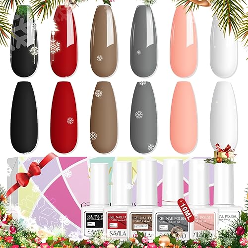 SAVILAND Juego de esmaltes de gel  6 colores de 0.3 fl oz (0.3 fl oz), esmalte de uñas de gel de Navidad, rojo, negro, gris, remojado, UV, LED,
