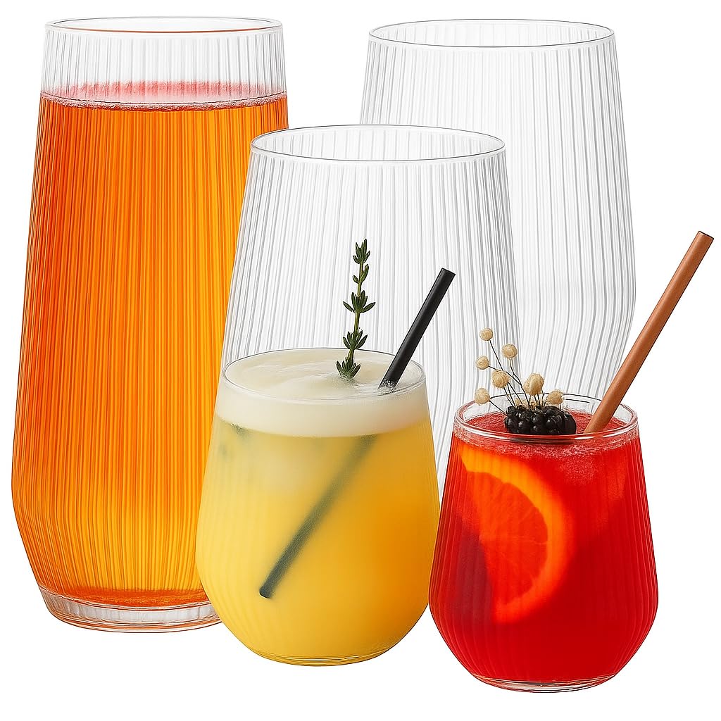48 Pack Ribbed Origami Ripple Plastic Glasses 24 9 Ounce Stemless Champagne Flutes 24 12 Ounce Cups BPA-Free