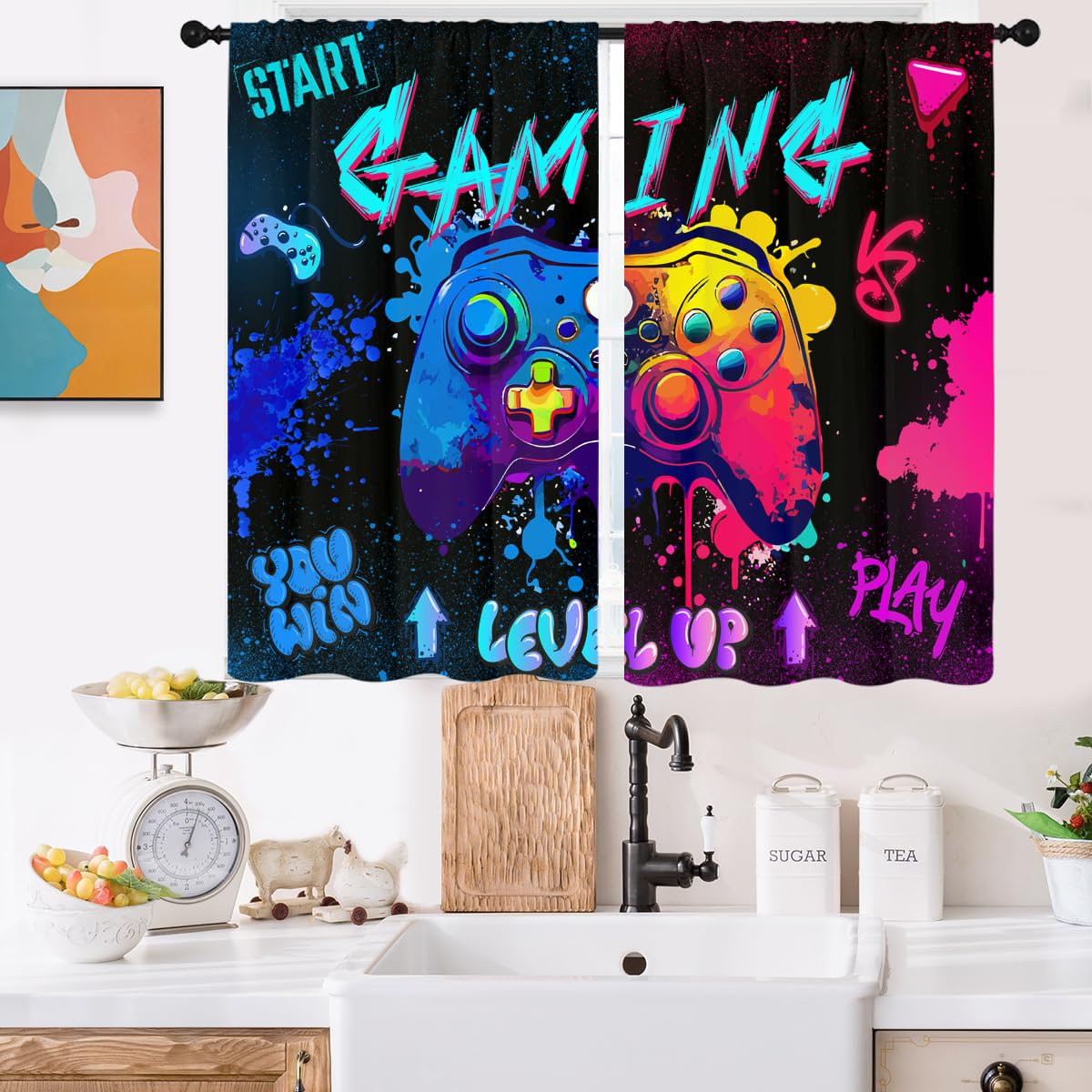 Gaming Kitchen Curtains Mini 27.5'' W x 39'' L Graffiti Gamepad for Gamer Boys Kids Teen Colorful Splashed Ink Cute Video Games Short Small Cafe Room