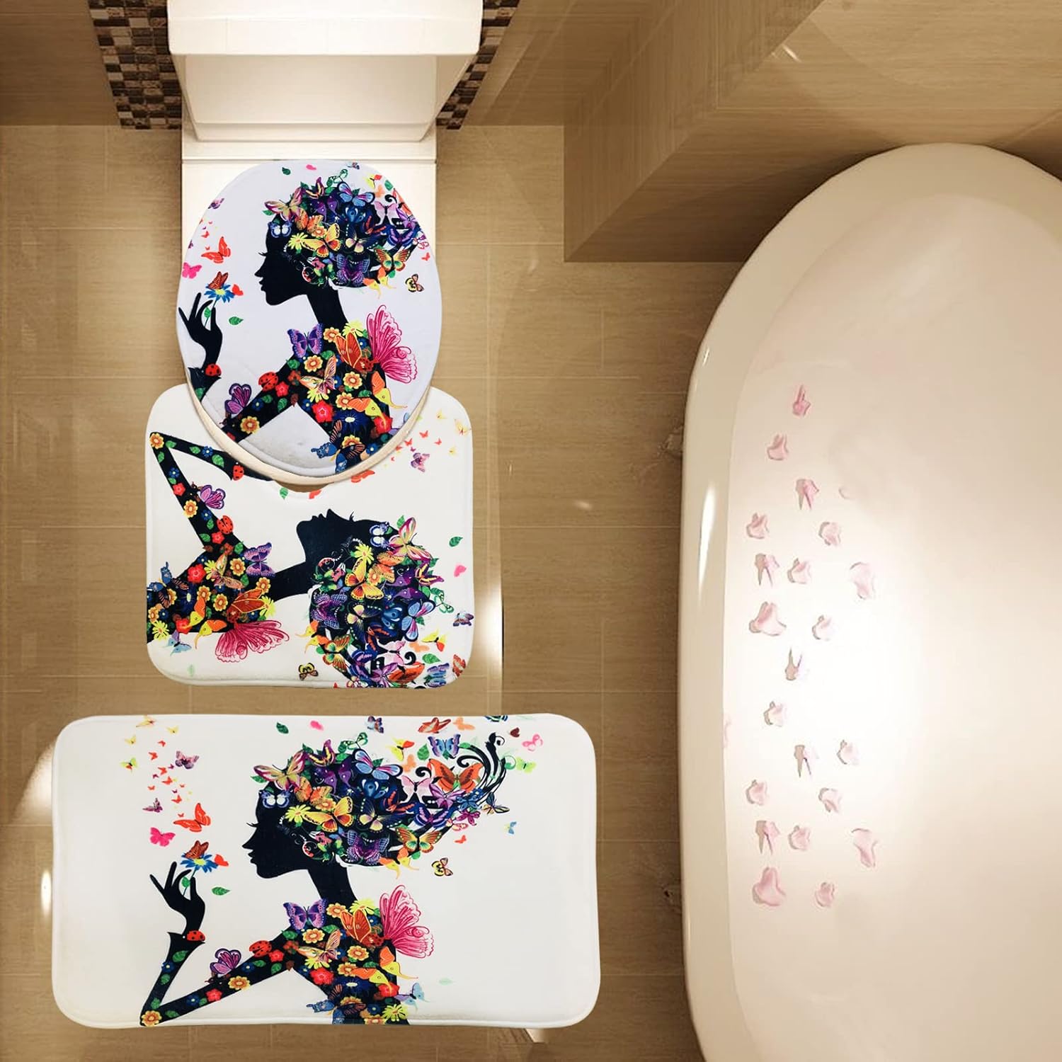 Colrful Butterfly and Flower Fairy Girl Print 3 Piece Bath Mat Set Bathroom Mat Contour Mat Toilet Cover