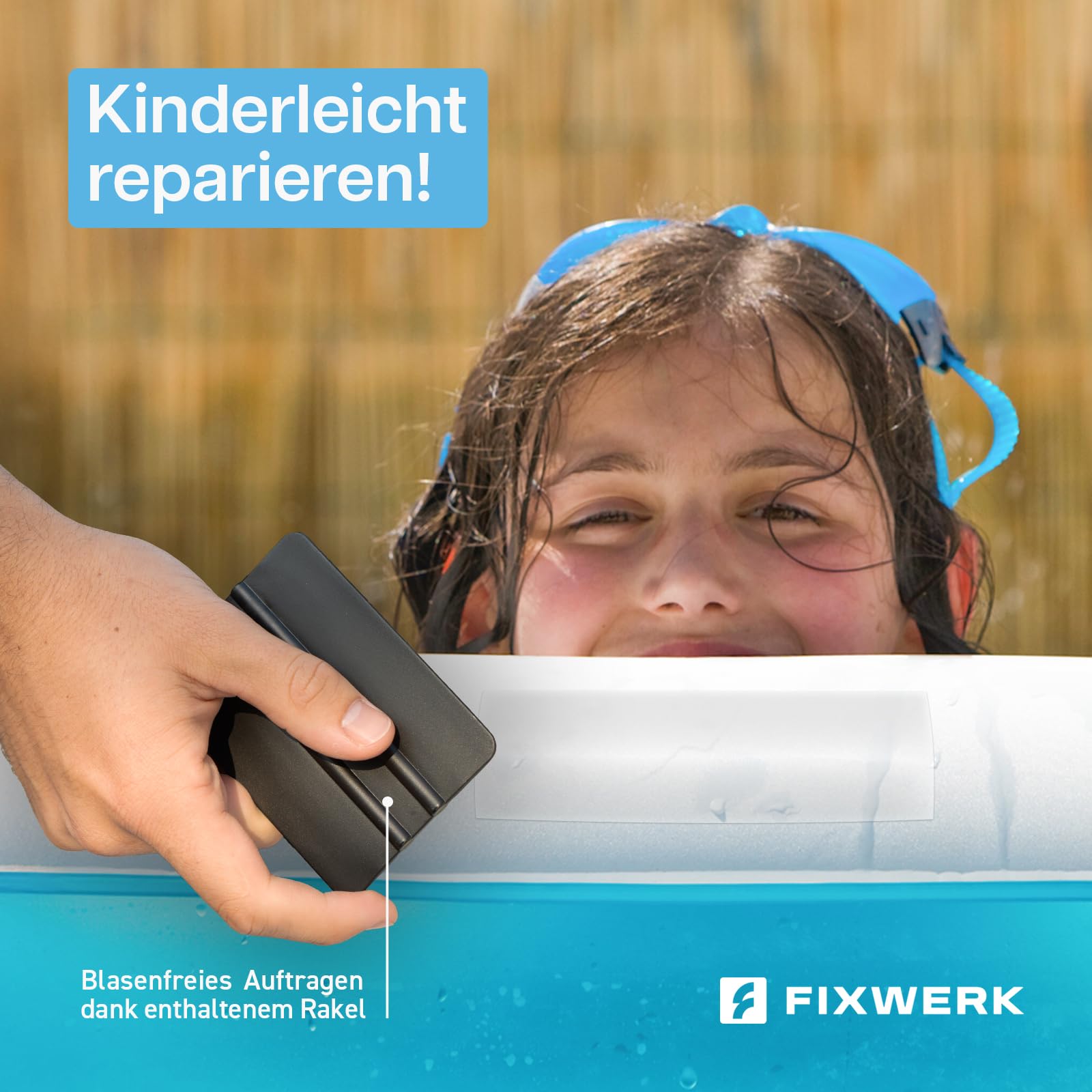 Pool Reparaturset inkl. Rakel | starkes wasserdichtes Unterwasser Klebeband | Flickzeug zum Abdichten von Pools | selbstklebendes Abdichtband für alle Pooloberflächen | 10cm x 150cm (transparent)