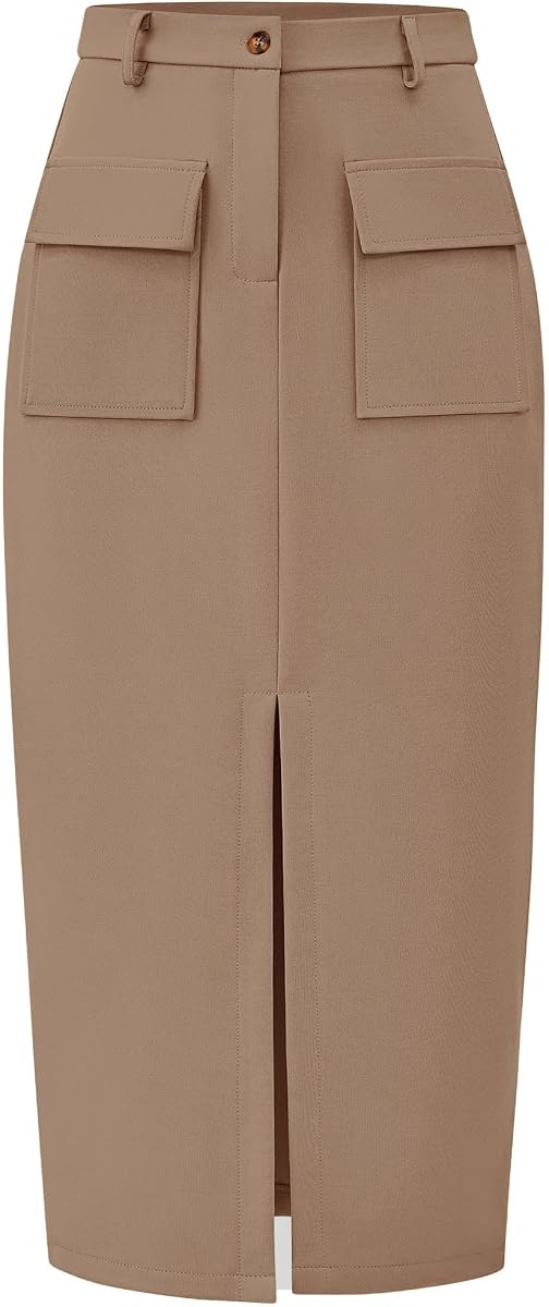 KIRUNDO Falda lápiz midi cargo de cintura alta para mujer | Faldas informales de negocios, bolsillos de parche, abertura frontal, cierre de botones, ropa de moda de verano y otoño, trajes de trabajo diarios