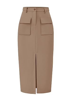 KIRUNDO Midi Skirts for Women Spring Summer High Waisted Cargo Trendy Pencil Slit Dressy Casual Business Work Long