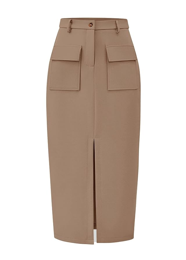 KIRUNDO Midi Skirts for Women Spring Summer High Waisted Cargo Trendy Pencil Slit Dressy Casual Business Work Long