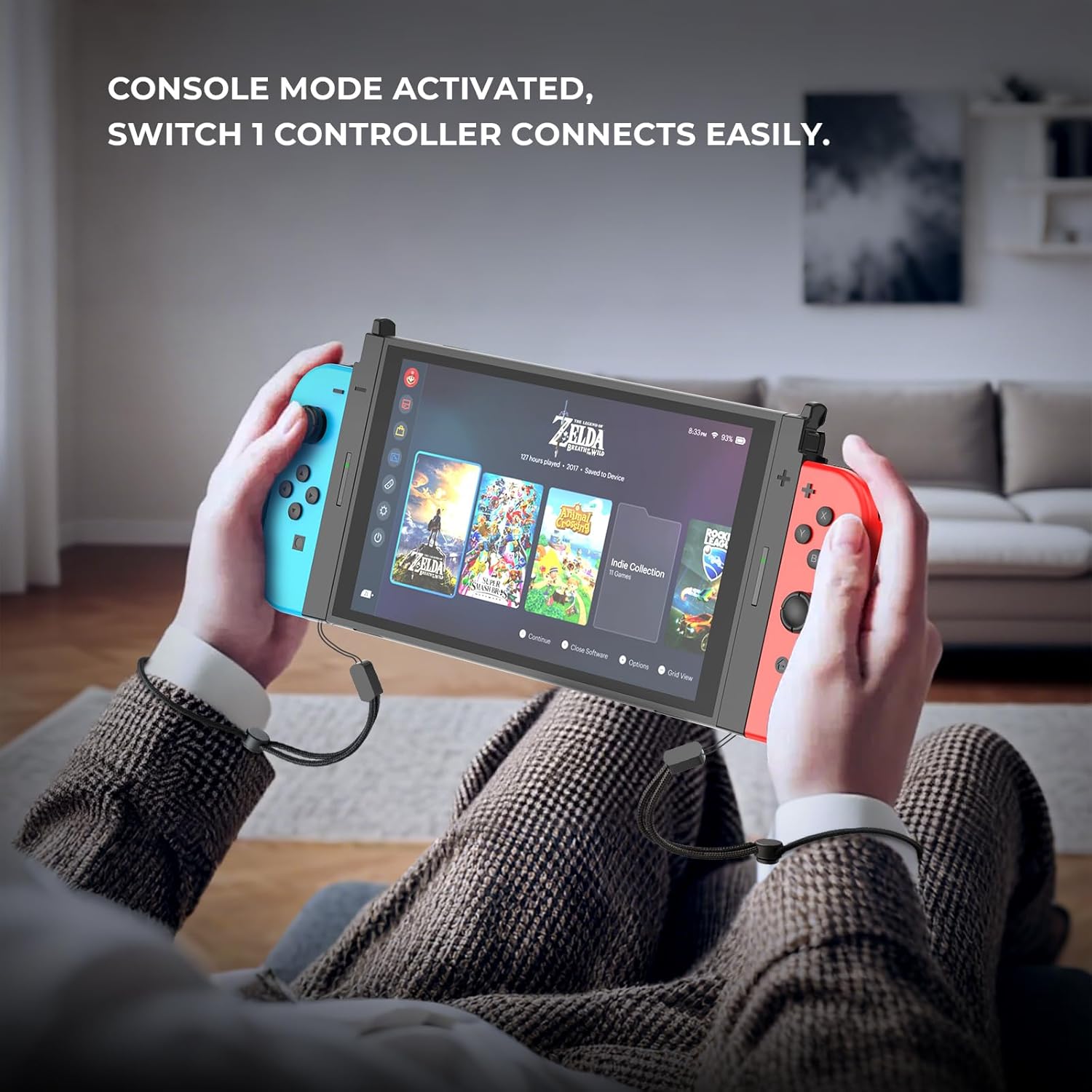 Person holding a Nintendo Switch 2 console with JDDWIN Joy Con Charging Grip Adapter and original Switch Joy-Cons attached, in console mode.