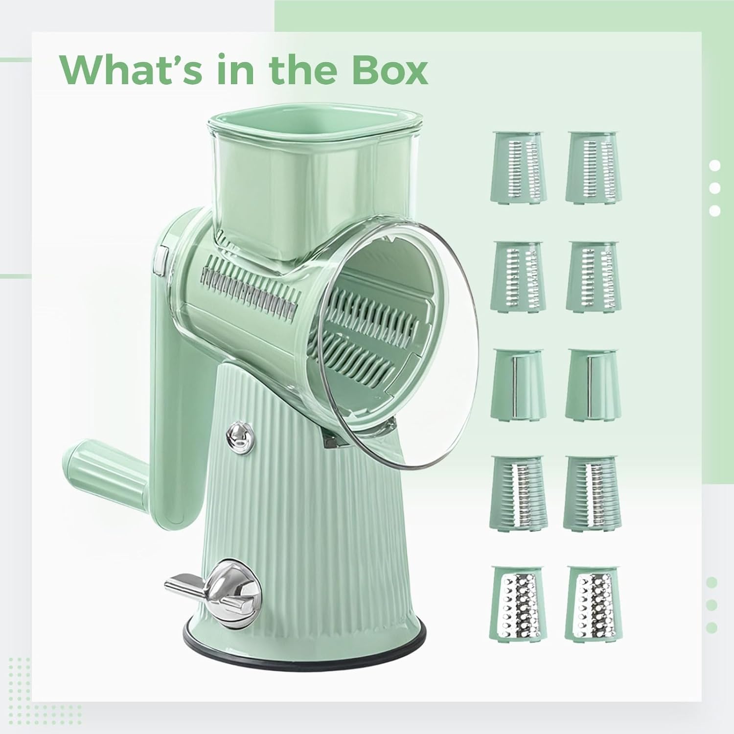 Multifunctional Mandoline Slicer, Green, 5-In-1 Vegetable Slicer, With Cheese Grater, Food Chopper, 5 Blades, Hand Crank, And Tabletop Suction Base