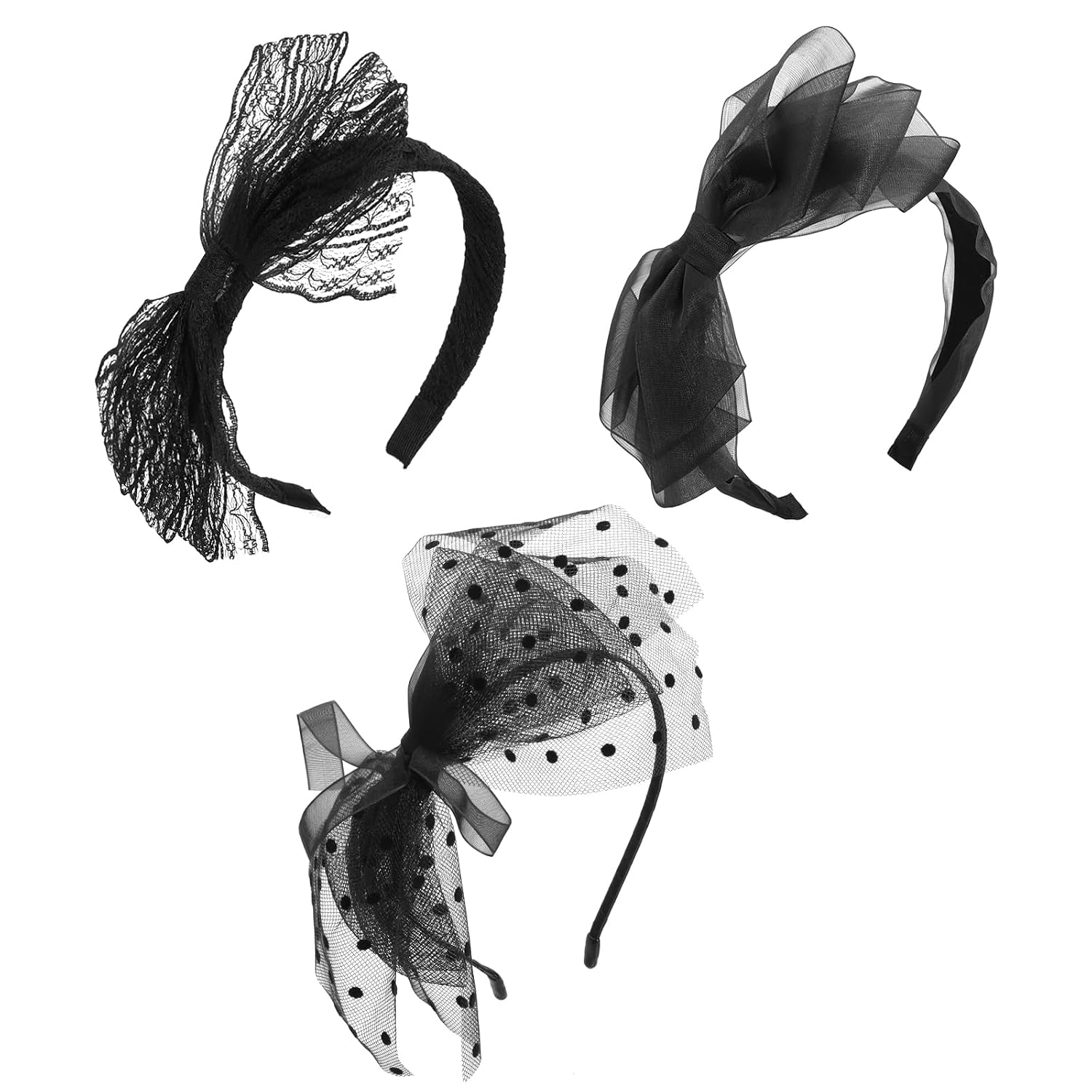 3PCS 1980s Black Lace Bowknot Headband for Women Hair Accessories Lace Bow Headwear for Adult Daily Decoration (Black)