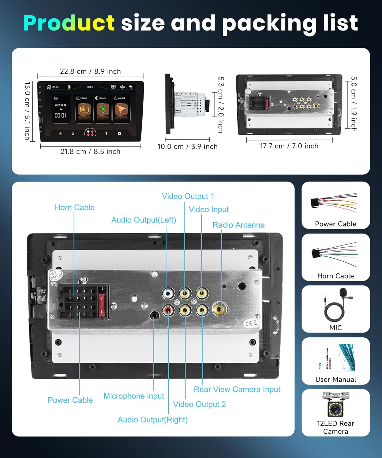 9 Inch Wireless Carplay Single Din Car Stereo,1080P Single Din Touch Screen Radio Support Wireless Android Auto Bluetooth 5.0 Backup Camera FM EQ Mirror Link USB Dual Mic SWC